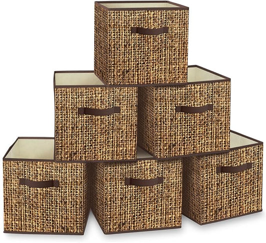 12x12 Cube Storage Bins - Fabric Cubby Bins with Dual Handles, Collapsible Storage Organizer for Shelf, Closet, Nursery, Set of 6 （PRINTING instead of Rattan Weaving）