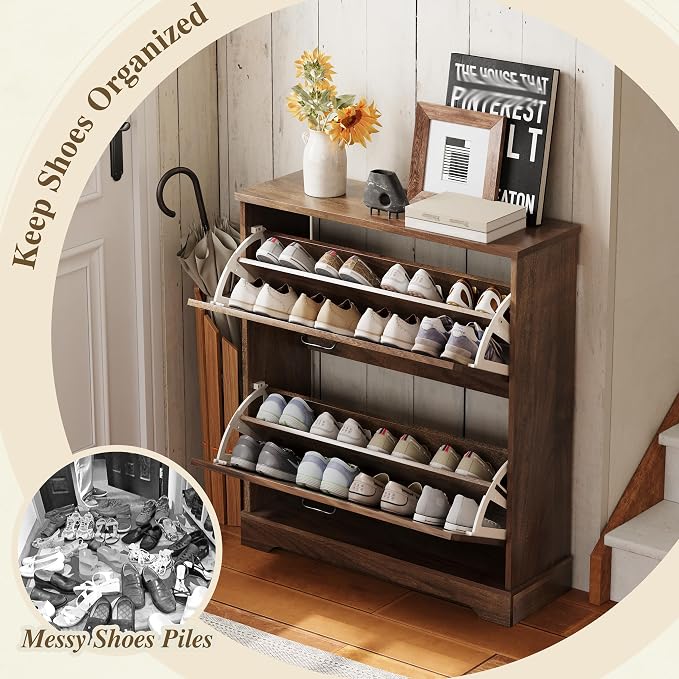 Semiocthome Farmhouse Shoe Storage Cabinet with 2 Flip Drawers, 31.5"(W) Freestanding Shoe Organizer with Barn Door and Metal Handles for Entryway, Corner Rustic Narrow Shoe Rack Cabinet - Walnut