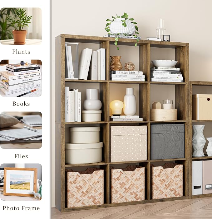 VDNEND Cube Storage Organizer Bookcase, Decorative 11 inch Open Back Cubical Shelf with Thickened Border, Display Bookshelf for Living Room, Home Office, Sturdy Room (Brown, 12 Cube)
