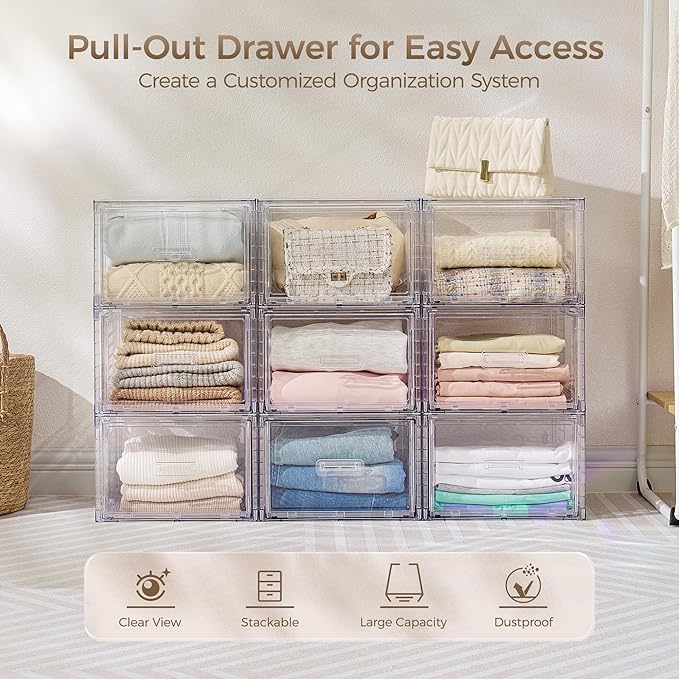 Vtopmart 2 Pack Clear Stackable Storage Drawers 15QT | Easily Assemble Closet Organizers,Plastic Storage Bins for Bathroom,Cabinet,Kitchen Pantry,Under Sink Organization(Medium)