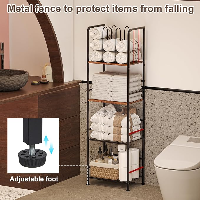 4-Tier Freestanding Towel Racks for Bathroom, Towel Rack Stand | Detachable M-shaped Dividers for Bath Towel Storage Premium Iron & Wood Holder Crafted for Bathroom Organization
