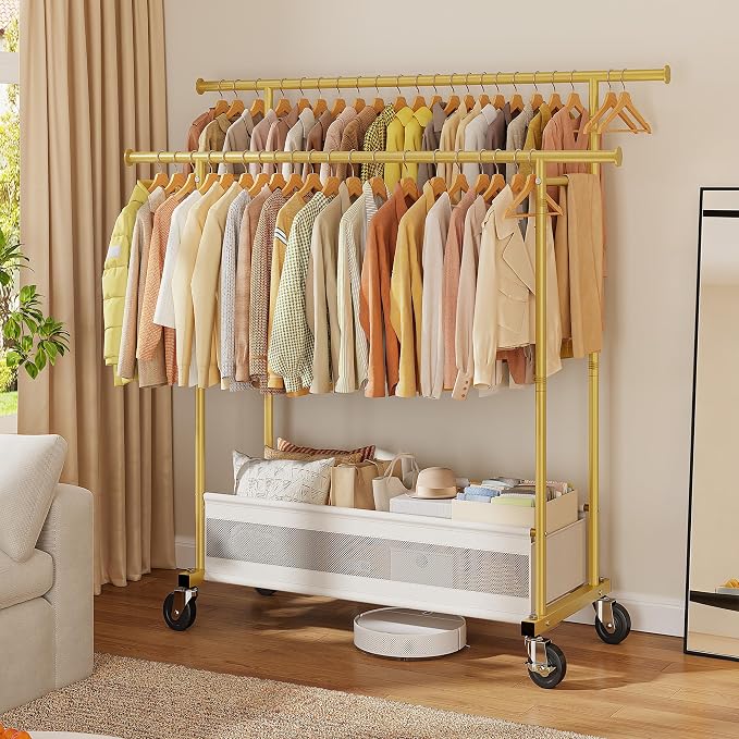 Clothes Rack 210 LBS Double Rods Extra Storage Basket | Rustproof Coated Steel, Anti-bending Design, 360° Sturdy Wheels, 10-Min Tool-Free Assembly, Metal Garment Rack for Home