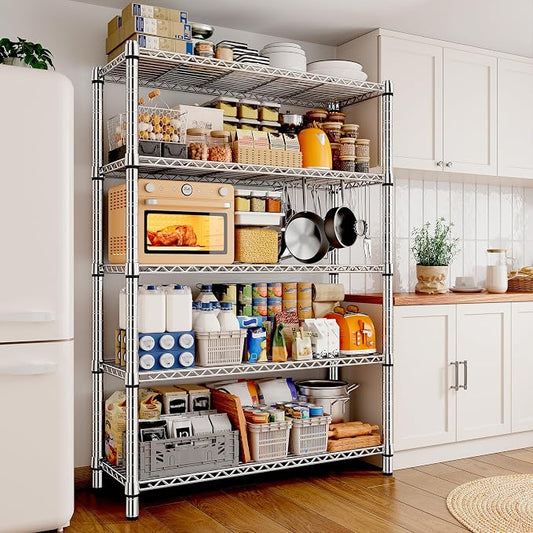 REIBII 5-Tier 1200LBS Metal Shelving, 71" H Adjustable Storage Shelf,Chrome | 19.1mm diameter rods, 240 lbs/shelf, adjustable shelf with leveling feet, tool-free setup,fits kitchen/bathroom