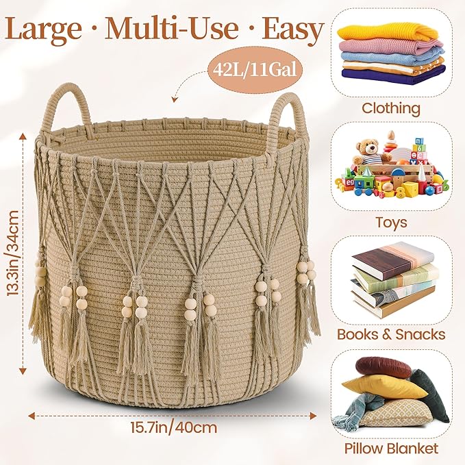 Blanket Basket for Living Room Decor Storage Basket for Toy Organizer Boho Decor Baskets for Modern Farmhouse Decor Small Laundry Basket for Bedroom and Laundry Room Organization,Natural