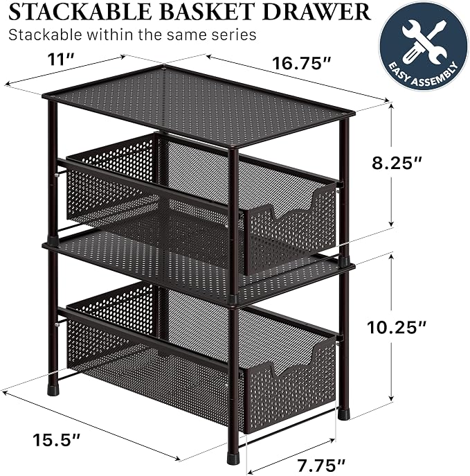 Simple Houseware Stackable Under Sink Sliding Basket Drawer, Brown | Perforated Free Standing Organizer, Kitchen/Pantry/Cabinet/Counter