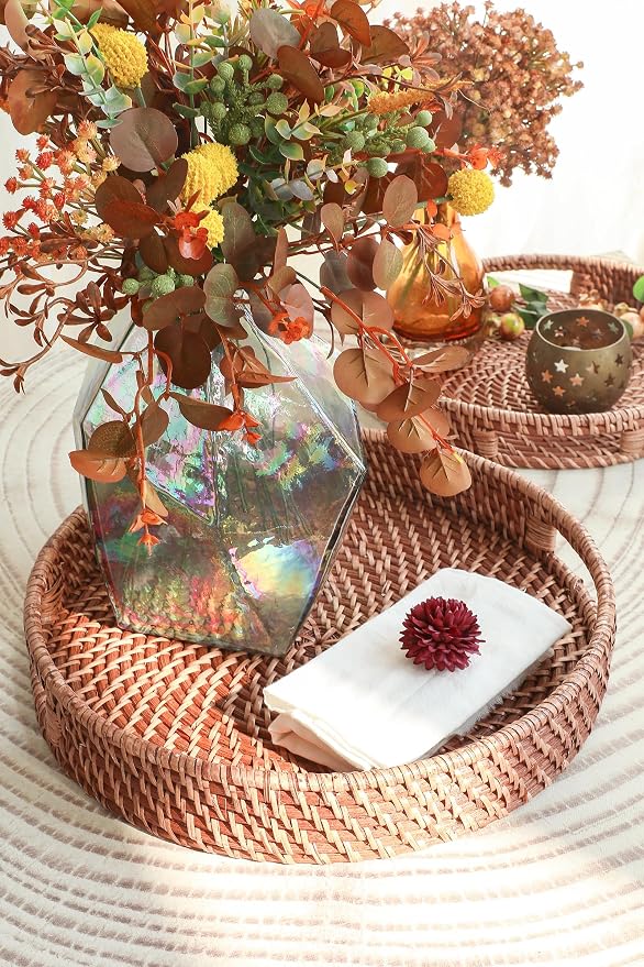 HITOMEN 14.2" Hand-Woven Round Rattan Serving Tray Decorative Ottoman Wicker Platter with Handles for Coffee Table, Breakfast, Drinks, Snack, Bread, Fruit, Vegetables (Honey Brown-L)