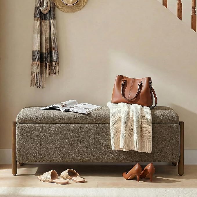 Usaint Wooden Storage Ottoman Bench, 47" Fabric Upholstered End of Storage Bench with Rubberwood Legs, Entryway Bench with Storage for Bedroom, Living Room, Reception, Cloakroom, Brown