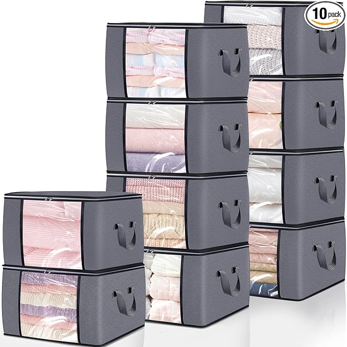 10 Pack Clothes Storage Bags, 90L Large Blanket Storage Bag Comforter Storage Bin with Reinforced Handle and Lid Foldable Closet Organizer and Storage Containers for Bedding Pillows Sheets and Duvet