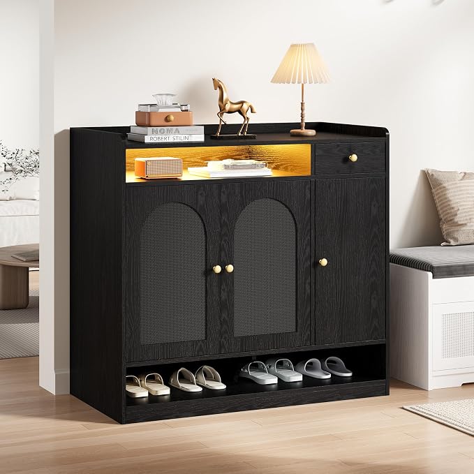 LIKIMIO Rattan Shoe Cabinet with 6-Tier Storage, 3 Doors & LED Light | 30 Pairs Shoe Storage Cabinet with Drawer, Adjustable Shelves, Shoe Rack Organizer for Entryway, Living Room, Black