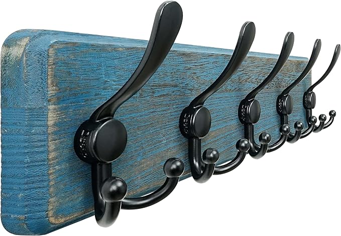 Coat Rack Wall Mount - Heavy-Duty Robust Barnwood-Style Wooden Wall Coat Hanger Hook Rail with 5 Triple Hooks for Winter Coats Hat Jacket Clothing, Weathered Blue & Black