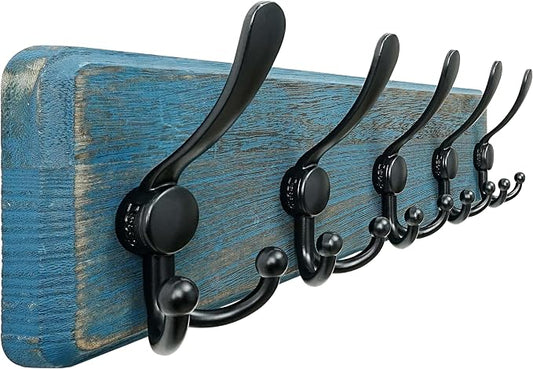 Coat Rack Wall Mount - Heavy-Duty Robust Barnwood-Style Wooden Wall Coat Hanger Hook Rail with 5 Triple Hooks for Winter Coats Hat Jacket Clothing, Weathered Blue & Black