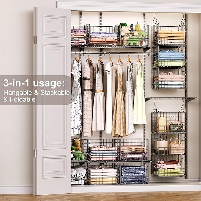 Sonyabecca 3-Tier Hanging Closet Organizers and Storage, Foldable Stackable Wire Basket Bins with 5 S Hooks, Space-Saving Hanging Closet Shelf for Clothing, Sweaters, Handbags, Hats,Purse