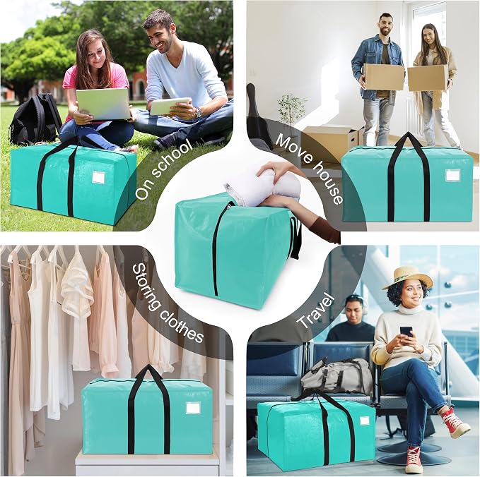 6 Pack Heavy Duty Extra Large Moving Bags W/Backpack Straps - Strong Handles & Zippers, Storage Totes For Space Saving, Fold Flat, Alternative to Box and Bin (40 gal, Aquamarine)