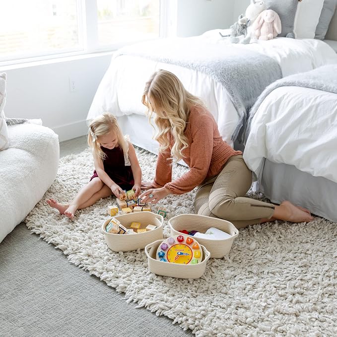 NaturalCozy 5-Piece Rectangle Storage Basket Set- Natural Cotton Rope Woven Baskets for Organizing! Small Basket for Montessori, Baby Nursery, Dog Toy Baskets, Cat Toy Box, Bathroom Organization Bin