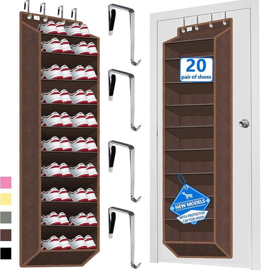 Over the Door Shoe Organizer, 20 to 30 Pairs Hanging Shoe Holder, Heavy Duty Extra Deep Pockets Shoe Storage for Closet, Anti-Scratch Hooks & FSC-Certified Bamboo - Coffee