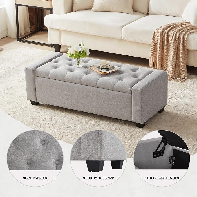 Huatean Home 48" Ottoman with Storage, Light Gray Storage Ottoman Bench | Upholstered Entryway Bench with Seating for Bedroom, Living Room, with Safety Hinge, Holds up to 330 lb