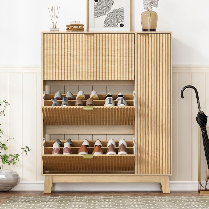 Shoe Cabinet Storage for Entryway with 3 Flip Drawers & Side Cabinet, Fluted Narrow Shoe Organizer with Wooden Leg, Freestanding Shoe Storage Hidden Shoe Rack Organizer for Front Door Entrance, Oak