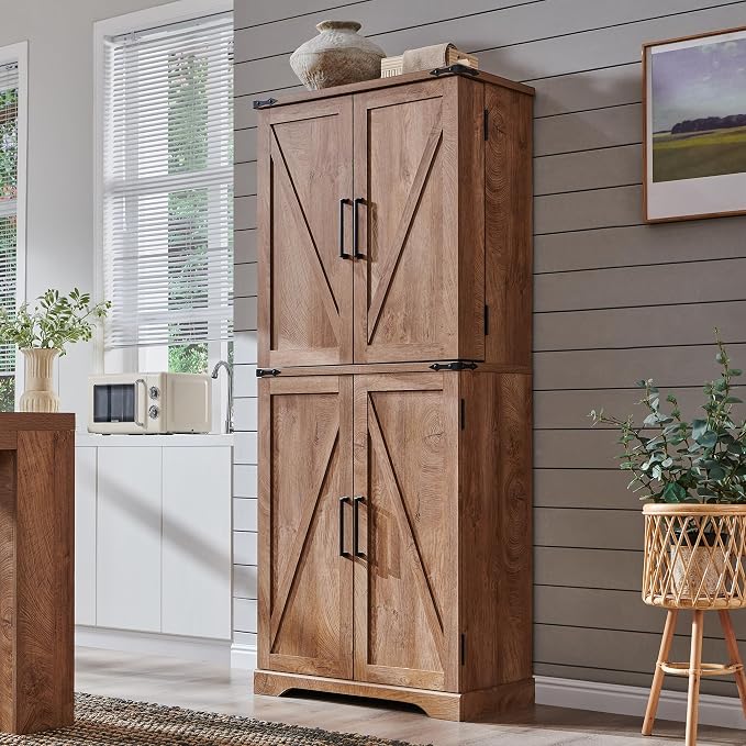 72" Tall Wooden Pantry Storage Cabinet with Door Shelves & Drawer | Farmhouse, Barn Doors, Adjustable Shelves, Freestanding, Anti-tip Kit, for Kitchen, Dining Room, Living Room