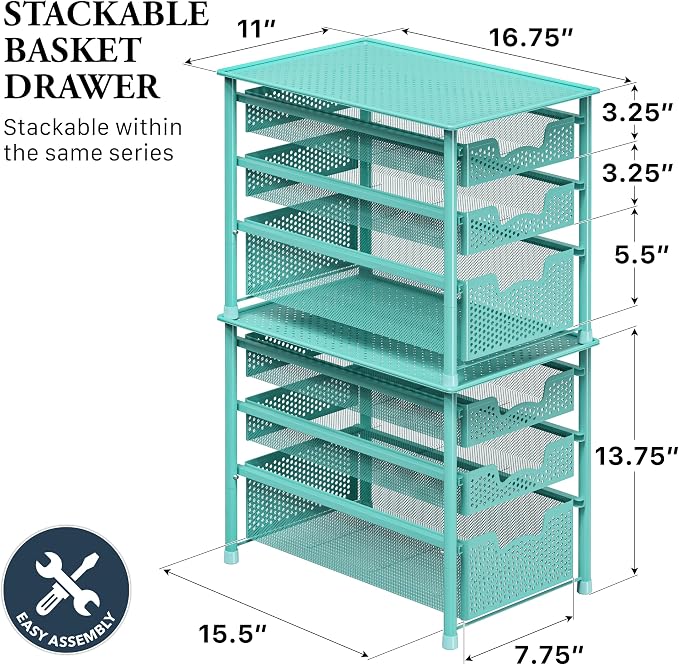 Simple Houseware Stackable 3 Tier Slide Basket Organizer Drawer, Turquoise