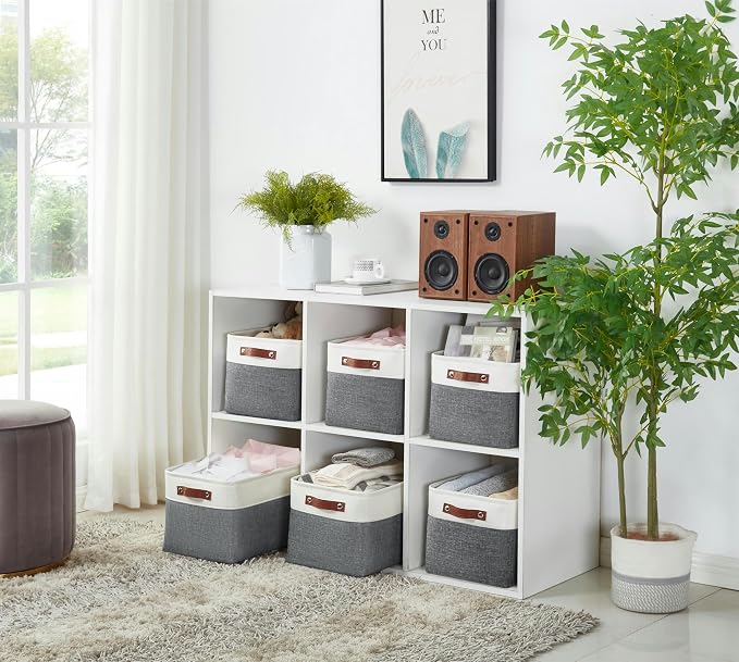 DECOMOMO Storage Bins, Extra Large Fabric Storage Baskets for Shelves 3Pack | 15.8 x 12.5 x 10 inches Decorative Linen Closet Organizers (Slate Grey & White)