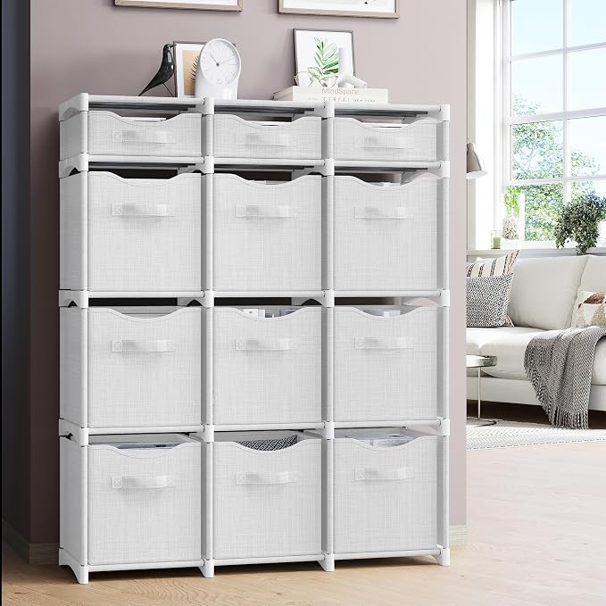 Cube Storage Organizer with Storage Bins Included - The Perfect Closet Organizers and Storage Solution. Includes 12 Storage Cubes, Great For Toy Storage, Closet Storage, Clothes Storage (White-Grey)