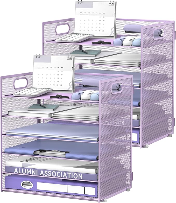 Daltack 6-Tier Paper Organizer for Desk with Handle, Purple, 2 Pack | Sturdy Metal Mesh Organizer with Movable Middle Trays and a Carry Handle for Papers, Folders and Office Supplies