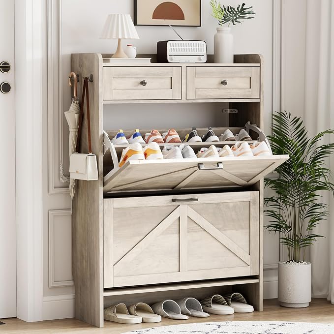 Shoe Cabinet with 2 Flip Drawers & 2 Top Drawers, 43" Tall Freestanding Narrow Wooden Shoe Storage Organizer for Entryway, Hidden Slim Shoe Rack for Front Door Entrance, Hallway, Living Room, Grey