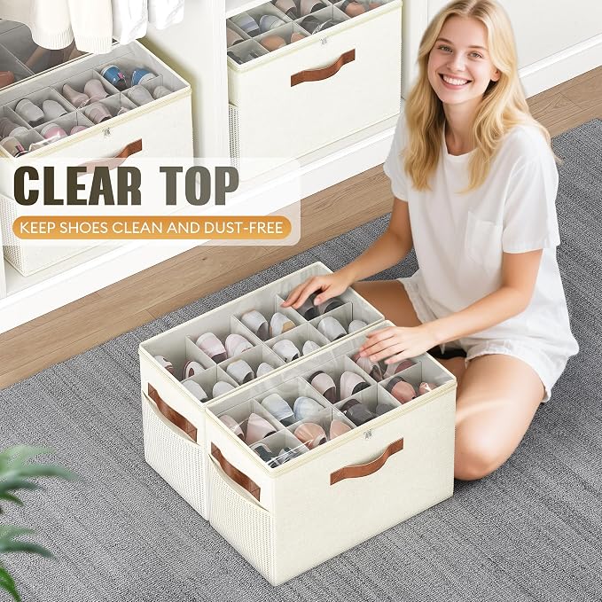 2 Pack Shoe Organizer for Closet, Foldable Shoe Storage with Adjustable | Farbic shoe storage organizer box bin with clear cover, fits up to 16 pairs, shoe storage box for closet, entryway, beige