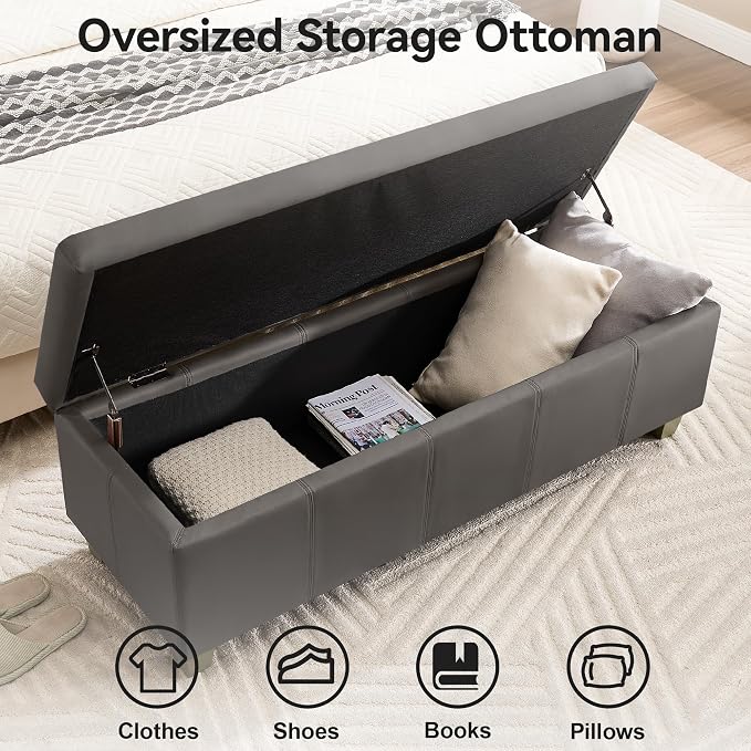 WUTUTUEE 51" Faux Leather Storage Ottoman, Stitch Tufted Rectangle Upholstered End of Bed Storage Bench, Entryway Large Couch Ottoman with Wooden Legs,Dark Grey