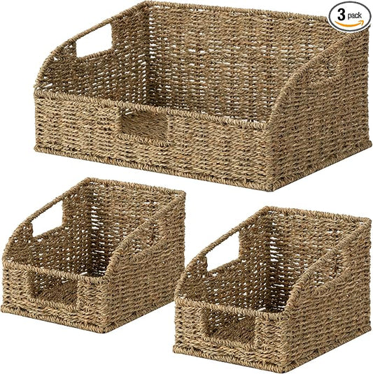 StorageWorks Seagrass Pantry Storage Baskets, Wicker Baskets with Built-in Handles, Handwoven Shelf Baskets for Organizing, Pantry Organizers and Storage, 3 Pack