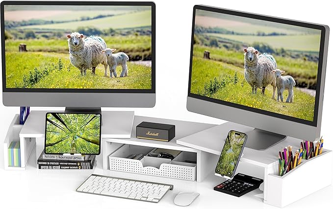 Simple Houseware Desk Dual Monitor Stand Riser with Drawer, White | Customizable Organizer Tray, Built-In Phone & Tablet Slot and Side Storage