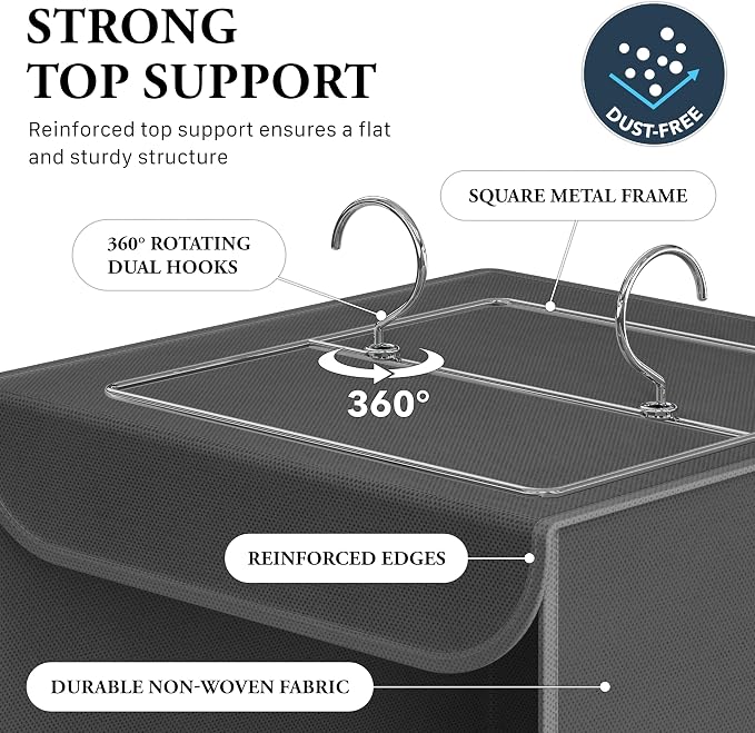 Simple Houseware 3 Shelf Hanging Closet Organizer, Dark Gray | 360° Rotating Dual Hooks, Top Support Metal Frame