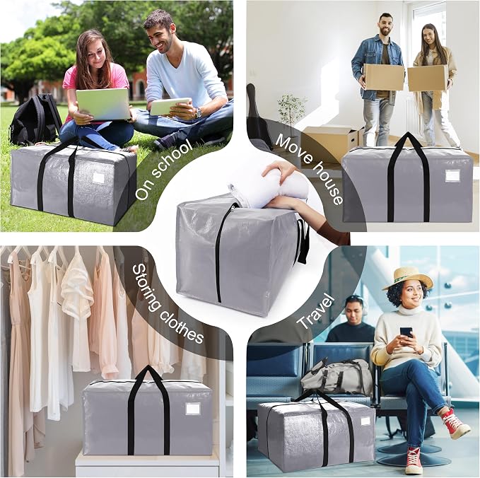 6 Pack Heavy Duty Extra Large Moving Bags W/Backpack Straps - Strong Handles & Zippers, Storage Totes For Space Saving, Fold Flat, Alternative to Box and Bin (40 gal, Silver)