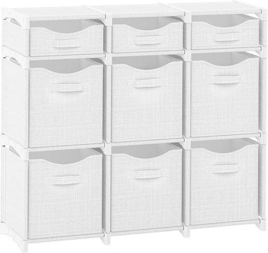 Cube Storage Organizer with Storage Bins Included - The Perfect Closet Organizers and Storage Solution. Includes 9 Storage Cubes, Great For Toy Storage, Closet Storage, Clothes Storage (White-Grey)