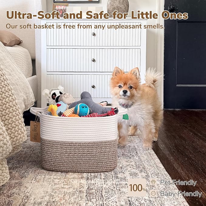 Goodpick Small Woven Storage Basket, Rectangle, Brown | 13 × 10 × 9 in, Cotton Rope, Reinforced Handles, Shelf Bedroom & Living Room Organization, Nursery Essentials & Home Decor