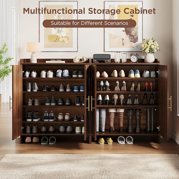 Maupvit 38.39" Tall Modern Shoe Cabinet, Entryway Storage Cabinet with Arched Doors & Gold Handles, Wood Shoe Organizer with Shelves, Freestanding Shoe Rack for Hallway, Living Room, Walnut