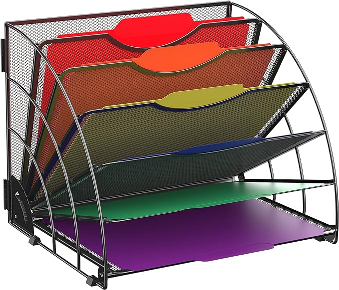 Fan Shaped Desk File Organizer, 6-Compartment File Holder for Desk | Metal mesh frame, tiered open design for easy access, organizes papers, folders and books for offices, schools and classrooms
