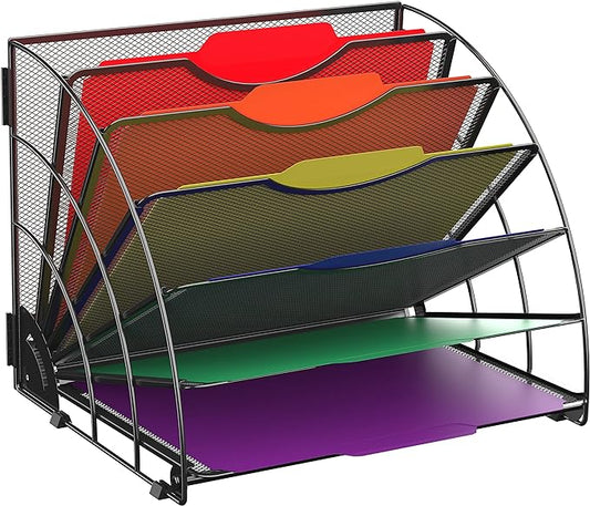 Fan Shaped Desk File Organizer, 6-Compartment File Holder for Desk | Metal mesh frame, tiered open design for easy access, organizes papers, folders and books for offices, schools and classrooms