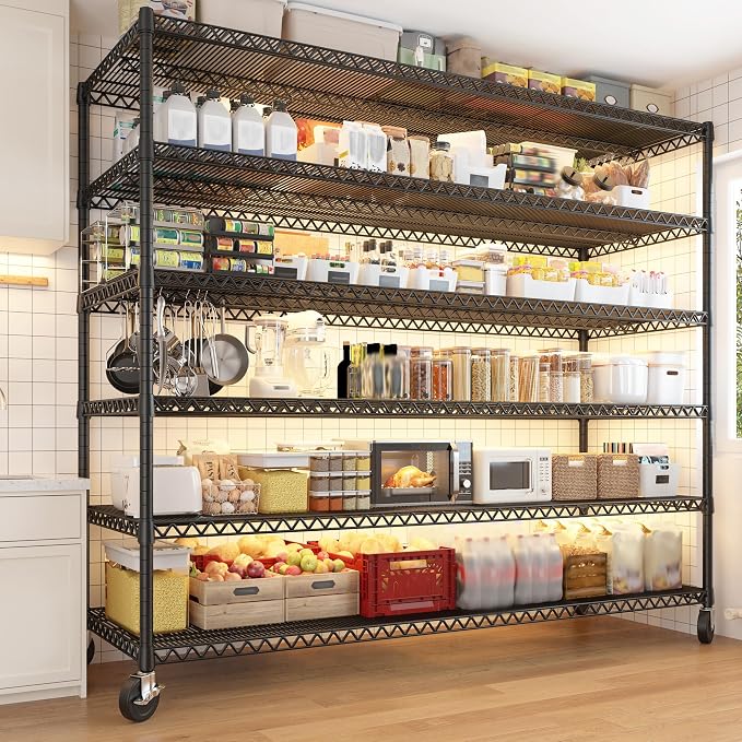 REIBII 6-Tier Wire Shelving Units with Wheels — 60" W Extra-Wide Heavy Duty Metal Shelving, 3,598 lbs Capacity, Adjustable Storage Racks for Garage, Pantry, Basement & Commercial Use, 2 Pack