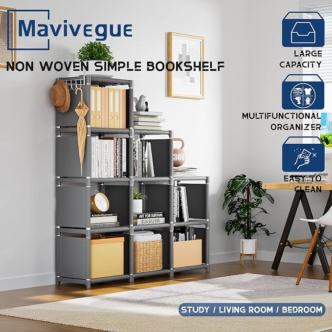 Mavivegue Book Shelf, 12 Cube Storage Organizer, DIY Bookcase, Metal Cube Bookshelf,Tall Book case for Bedroom, Living Room,Office,Closet Storage Organizer, Grey Cubicle Storage Rack