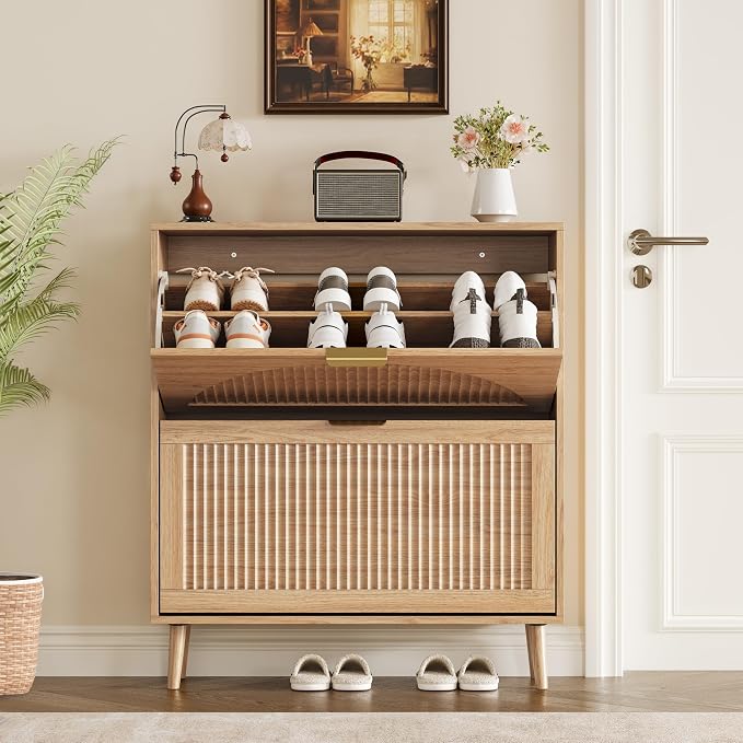 BORNOON Shoe Cabinet for Entryway with 2 Flip Drawers, Slim Wooden Shoe Storage Organizer with Modern Fluted Pannel，Freestanding Narrow Hidden Shoe Rack for Hallway, Foyer, Living Room