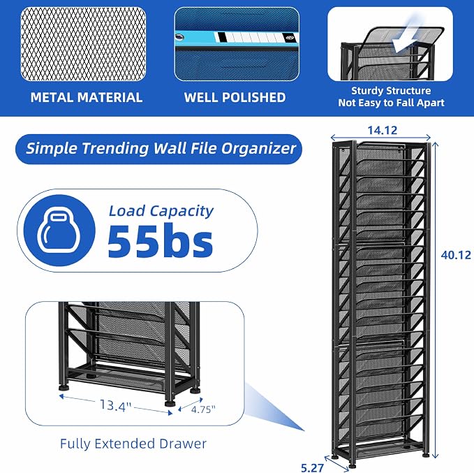 Simple Trending Wall File Organizer, 18-Tier Mesh Hanging Paper Document Folder Holder, Desktop Metal Files Storage Rack for Office and Home, Black