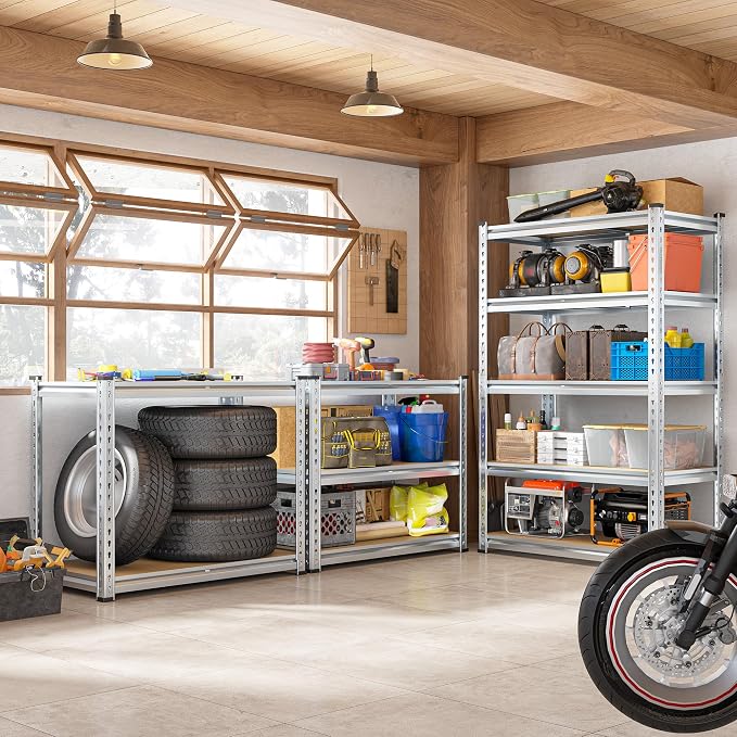 REIBII Garage Shelving, 5 Tier Storage Shelves Load 2400LBS, Adjustable Garage Shelving Heavy Duty, Metal Shelving Unit with Waterproof Columns, 35.5" W x 11.9" D x 72" H, Galvanized, 4 Pack