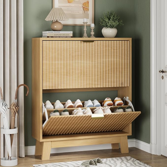 Xixini Shoe Cabinet with 2 Flip Drawers, 37" Tall Narrow Fluted Shoe Storage Organizer for Entryway, Hidden Slim Wooden Shoe Rack Cabinet for Front Door Entrance, Hallway, Living Room, Natural Oak