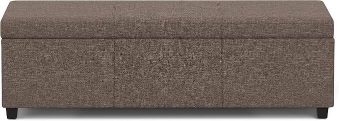 SIMPLIHOME Avalon 54" Wide Vegan Leather Storage Ottoman in Brown | Contemporary lift-top ottoman with high-density foam; rectangle storage bench or coffee table for living room or entryway.