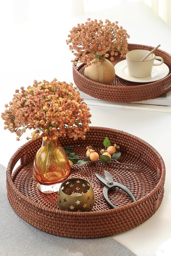 HITOMEN 14.2" Hand-Woven Round Rattan Serving Tray Decorative Ottoman Wicker Platter with Handles for Coffee Table, Breakfast, Drinks, Snack, Bread, Fruit, Vegetables (Brown - L)