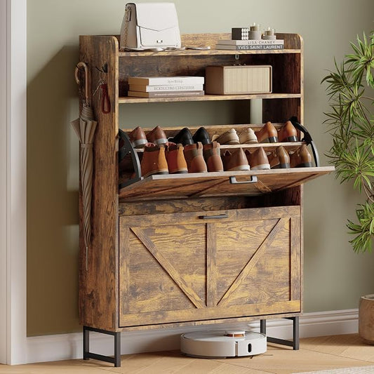 Shoe Cabinet with 2 Flip Drawers, Freestanding Hidden Shoe Storage Organizer for Entryway, Narrow Slim Shoe Rack Cabinet with Open Storage & Hooks for Front Door Entrance, Living Room, Hallway, Brown