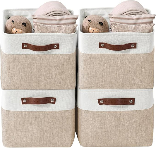 DECOMOMO Storage Bins, Large Fabric Storage Baskets for Shelves 4 Pack | 15 x 11 x 9.5 inches Decorative Linen Closet Organizers (Beige & White)