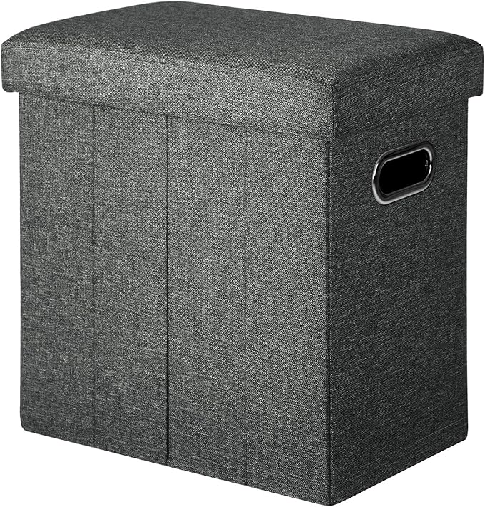 COSYLAND Collapsible Fabric Ottoman Footrest with Storage - Folding Foot Stool Furniture with Handles - Toy Chest Linen Gray - 16.5x16.5x10.6in - Charcoal