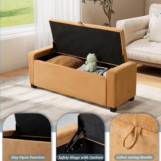 Royal Windsor Ottoman with Storage,Tufted Storage Bench with Safety Hinge,Holds up to 350 lb,Upholstered Bench with Seating for Bedroom, Living Room,Entryway,Ginger